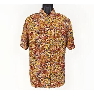 VTG 90s Amanda Smith Silk Button Blouse 20W Earth Tone Tribal Abstract Art Shirt